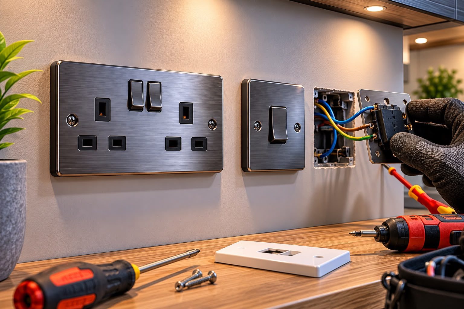 New sockets and switches fitted with a tidy finish by RJ Energy Electrical Solutions